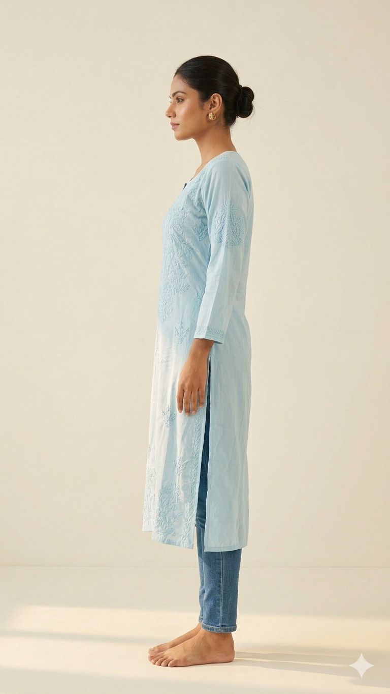 Sky Blue Rayon Chikankari Long Kurti for Women