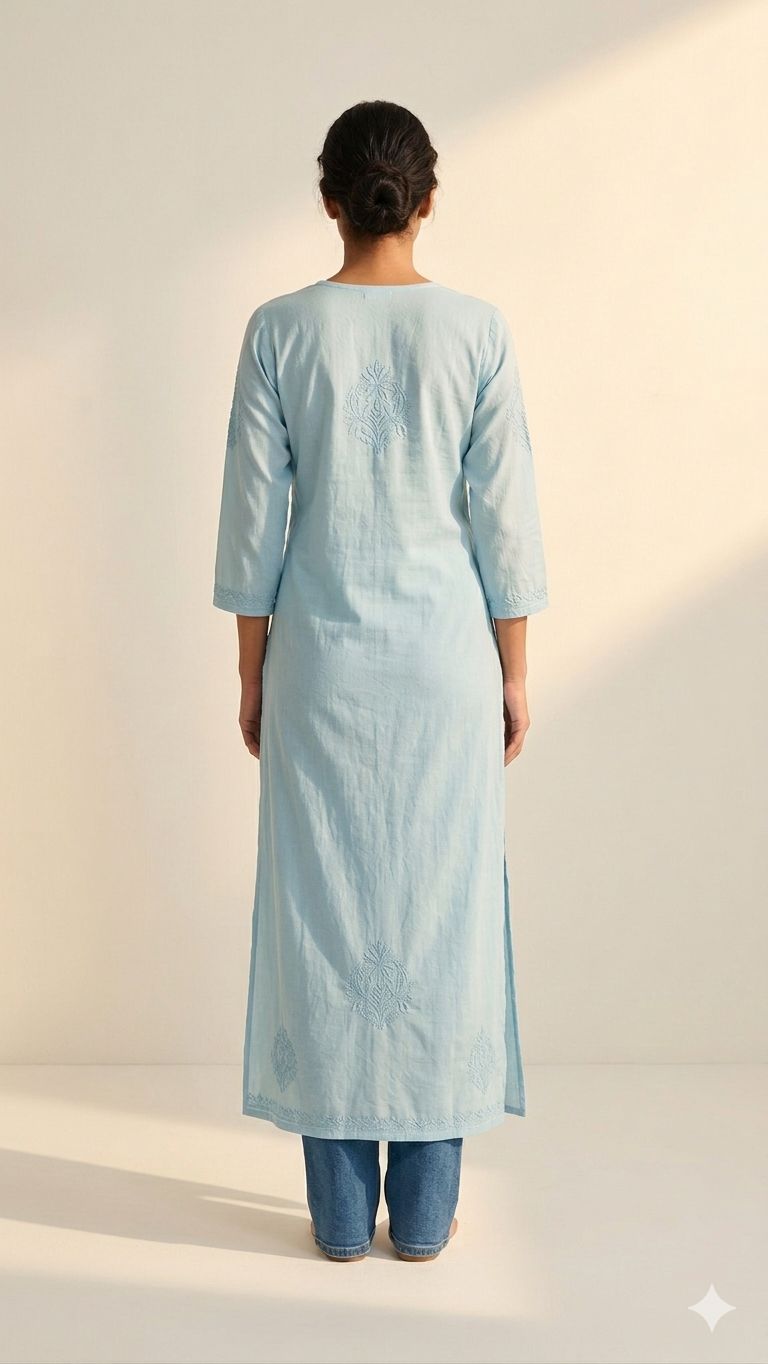 Sky Blue Rayon Chikankari Long Kurti for Women