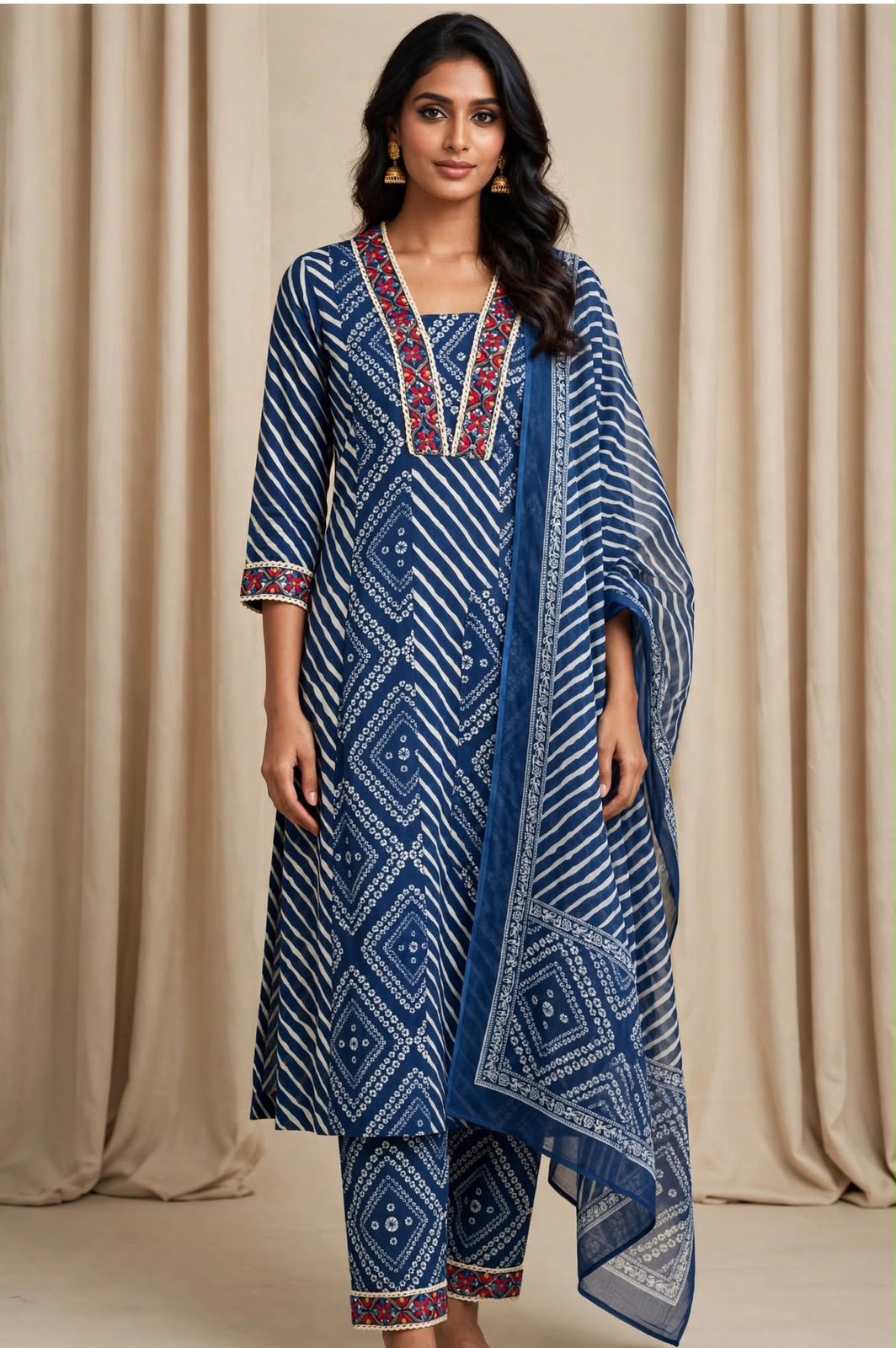 Navy Blue Printed Kurta Pant Dupatta Set for Women | Elegant Ethnic Wear