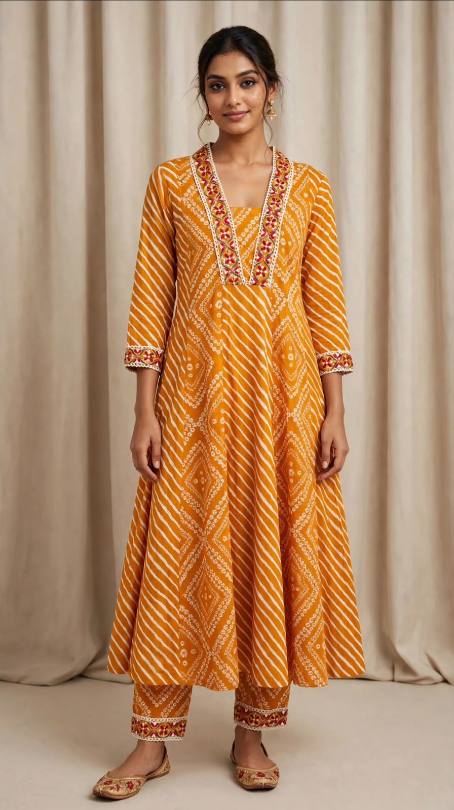 Mustard Yellow Printed Anarkali Kurta Set with Matching Pants & Dupatta | Traditional Wear