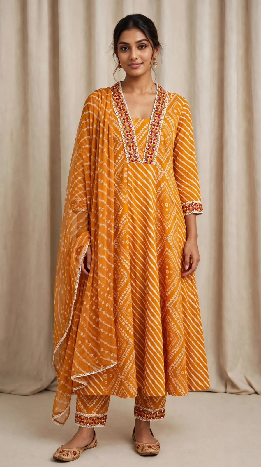 Mustard Yellow Printed Anarkali Kurta Set with Matching Pants & Dupatta | Traditional Wear
