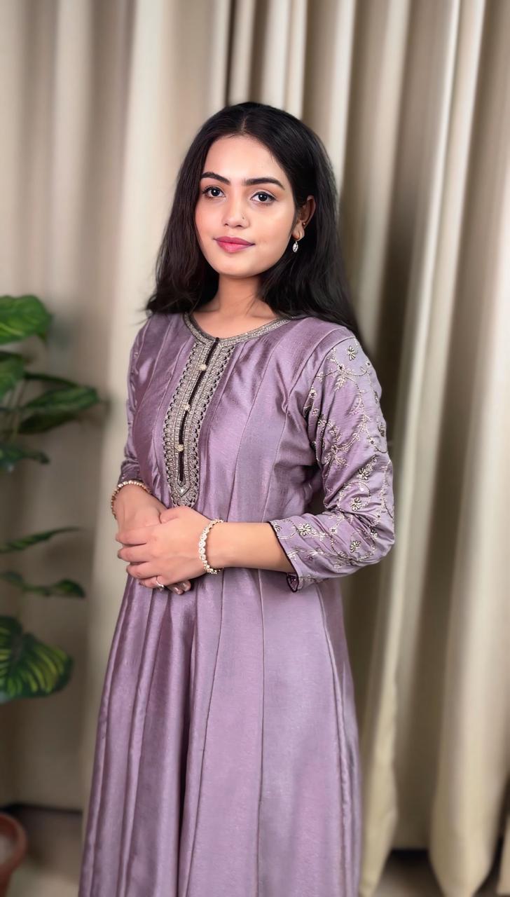 Deep Mauve Lavender Embroidered Anarkali Suit Set with Pants and Dupatta