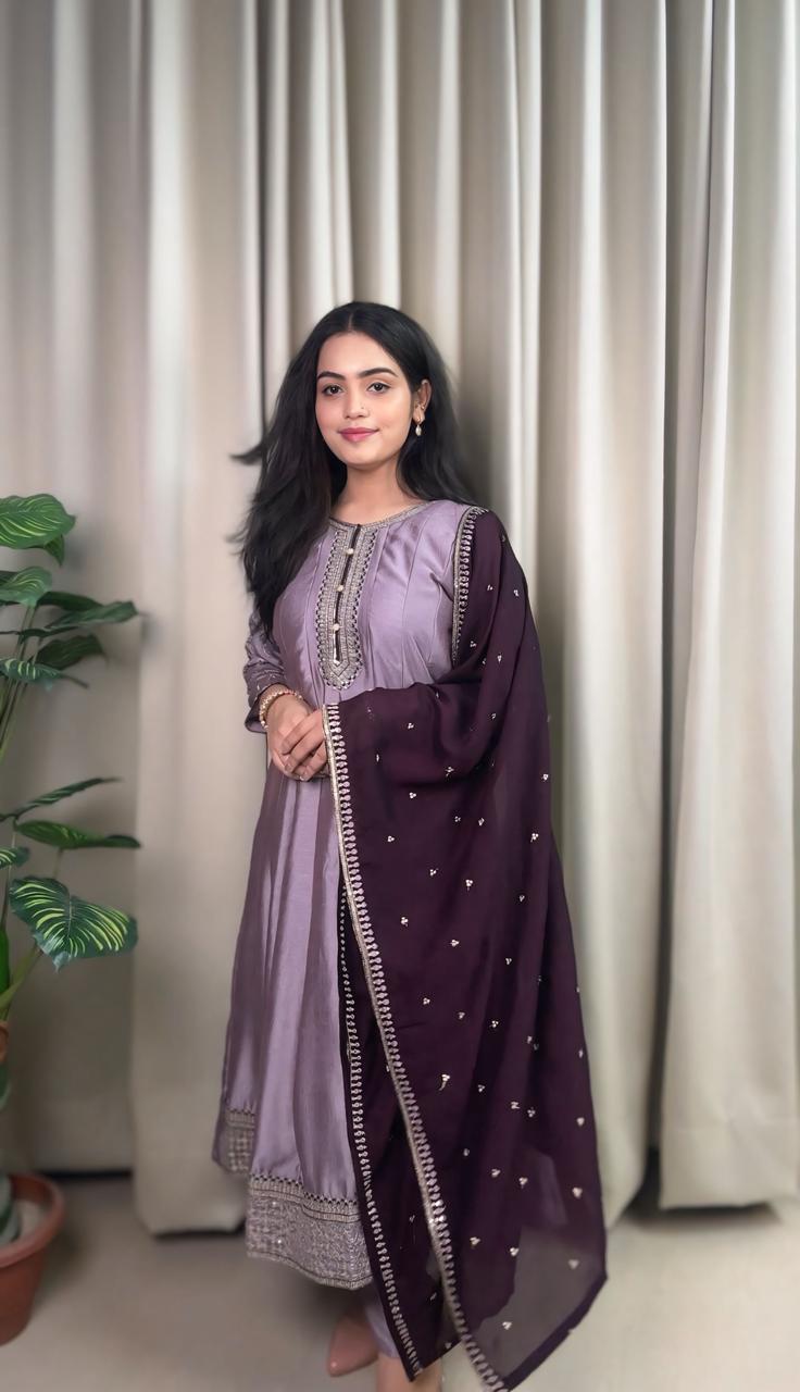 Deep Mauve Lavender Embroidered Anarkali Suit Set with Pants and Dupatta