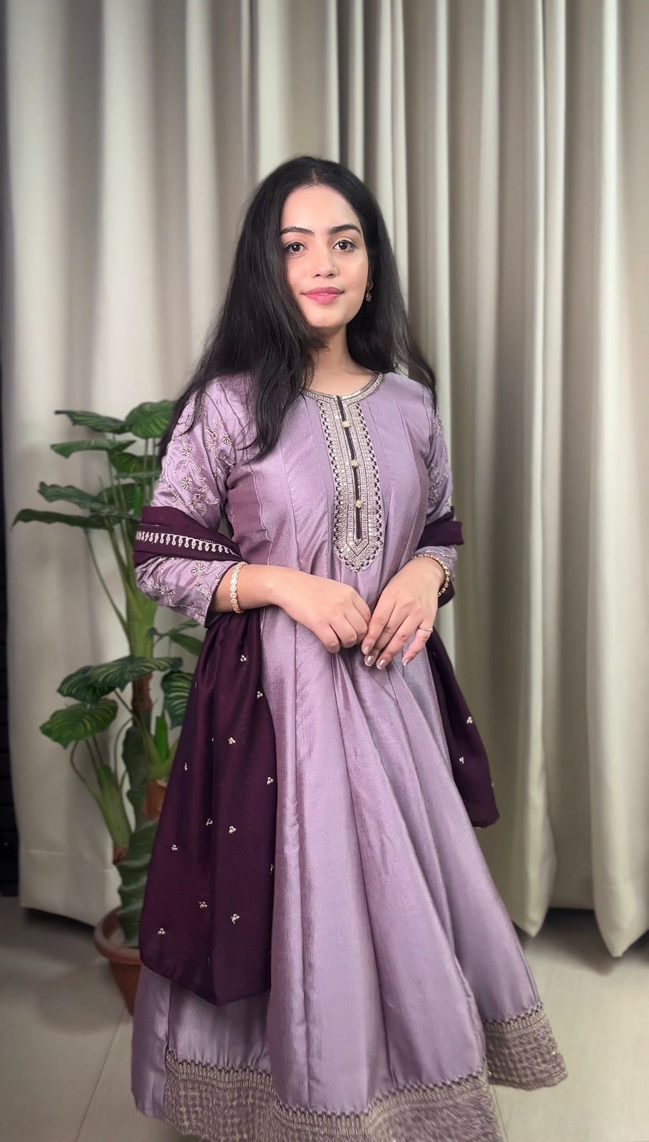 Deep Mauve Lavender Embroidered Anarkali Suit Set with Pants and Dupatta
