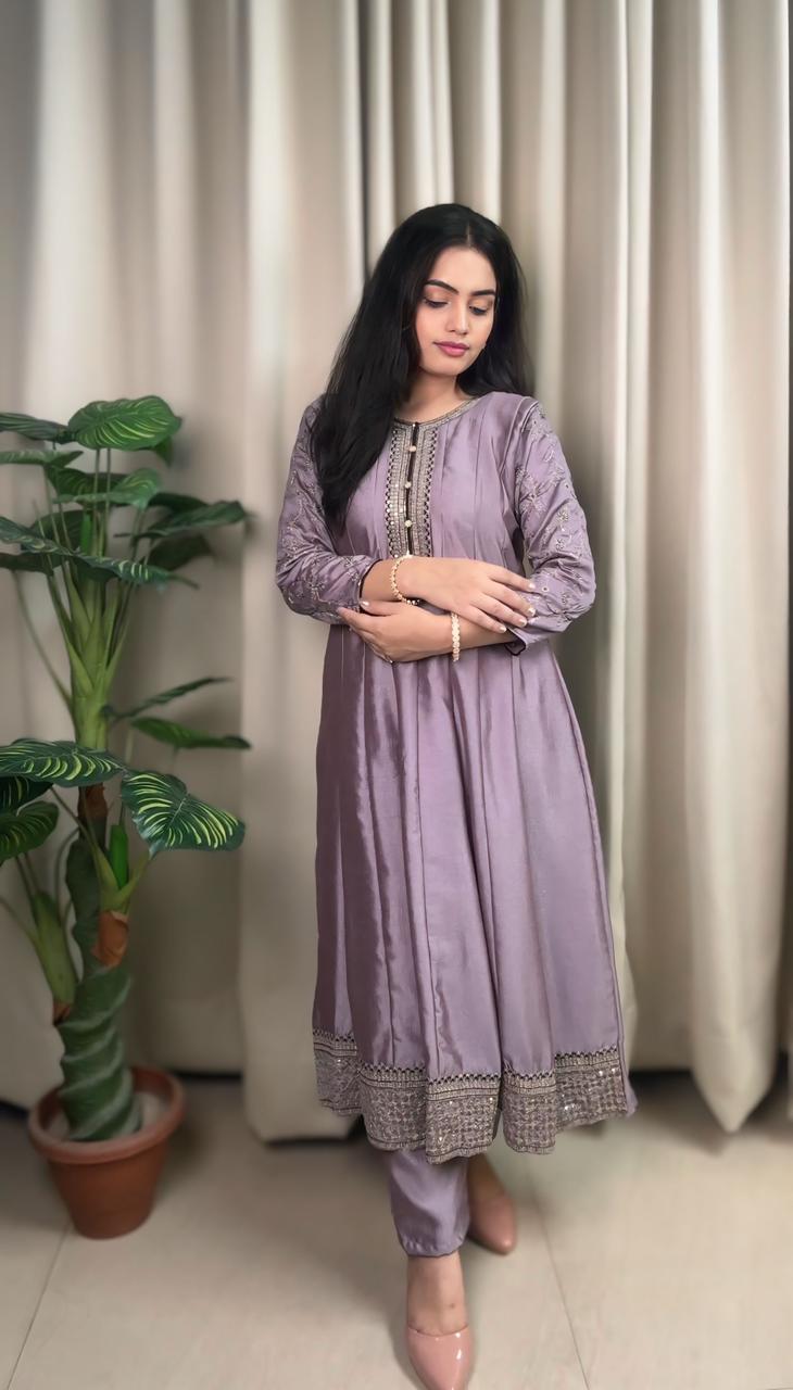 Deep Mauve Lavender Embroidered Anarkali Suit Set with Pants and Dupatta