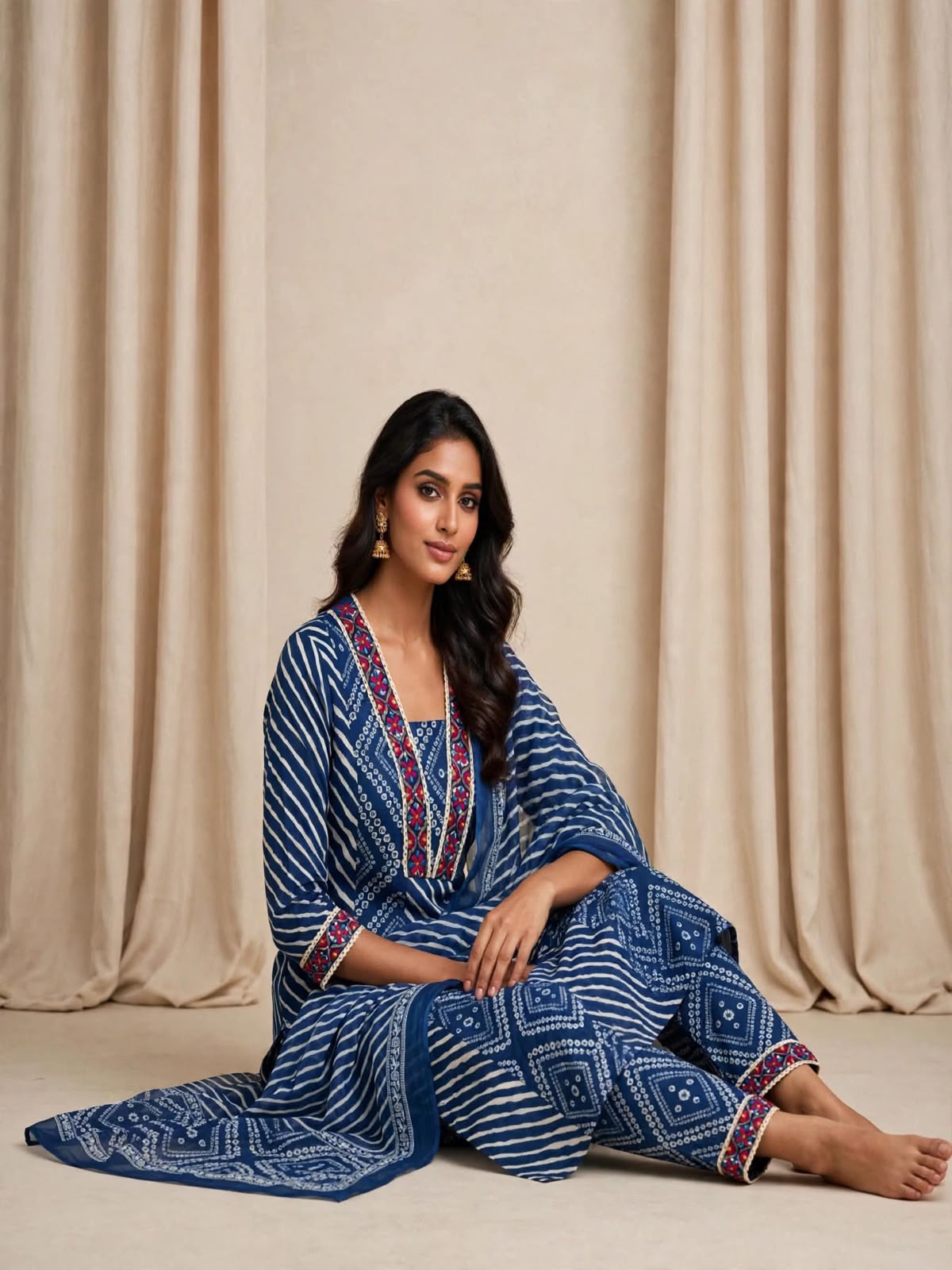 Navy Blue Printed Kurta Pant Dupatta Set for Women | Elegant Ethnic Wear