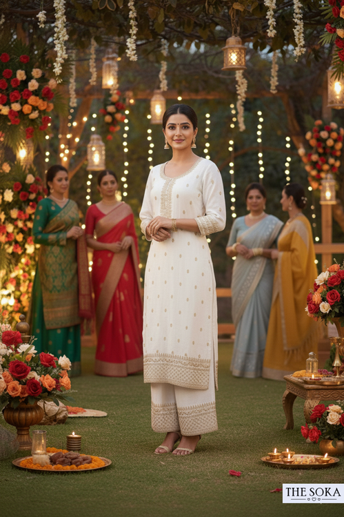 Woman in a white traditional outfit standing in a decorated outdoor setting with other women in colorful sarees.
