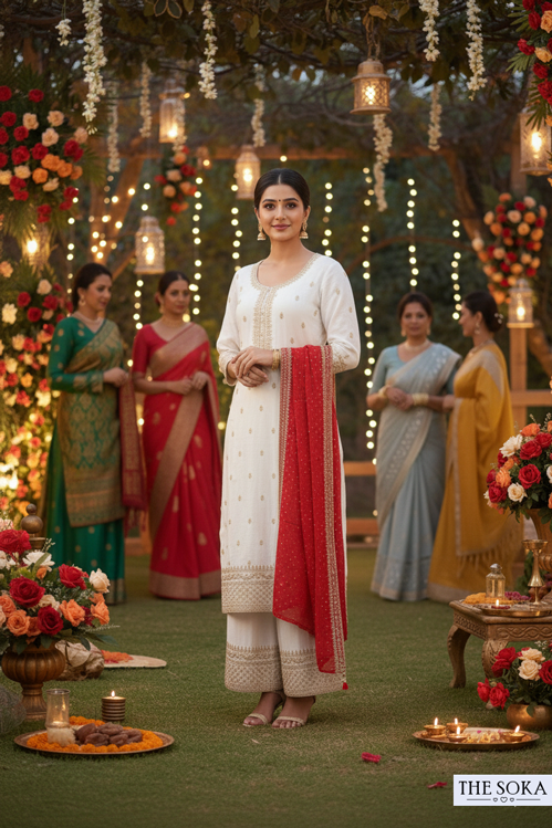 Woman in traditional attire standing in a decorated outdoor setting with other women in the background.