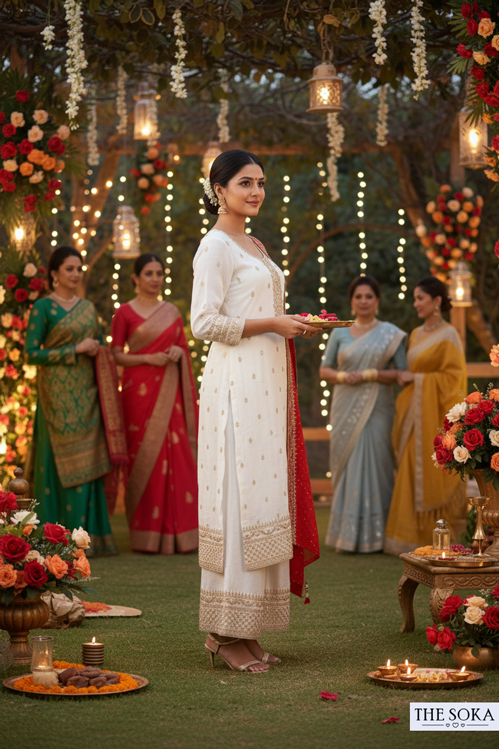 Woman in a white traditional outfit standing among others in colorful sarees with floral decorations and lights.