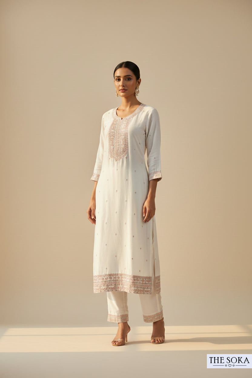 White Embroidered Handwork Kurta Set with Dupatta