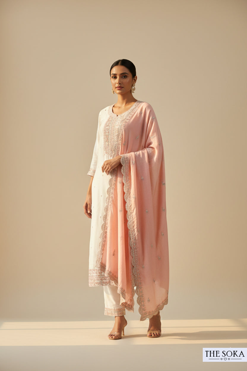 White Embroidered Handwork Kurta Set with Dupatta