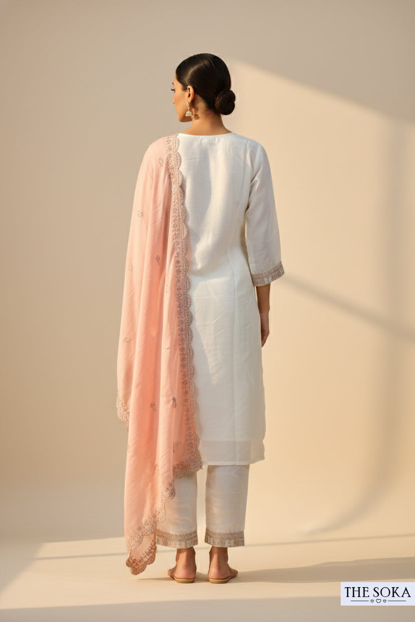 White Embroidered Handwork Kurta Set with Dupatta