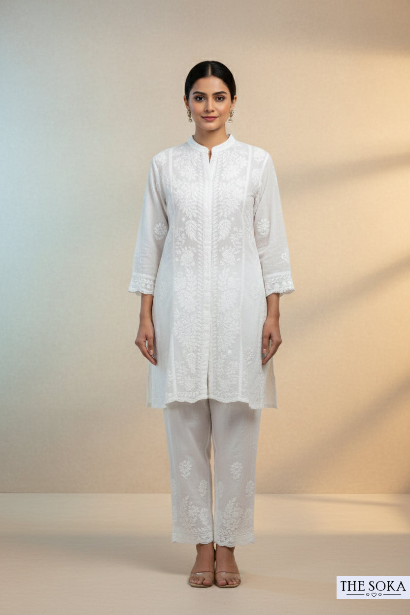 White Pure Chikankari Premium Muslin Co-Ord Embroidered Handwork