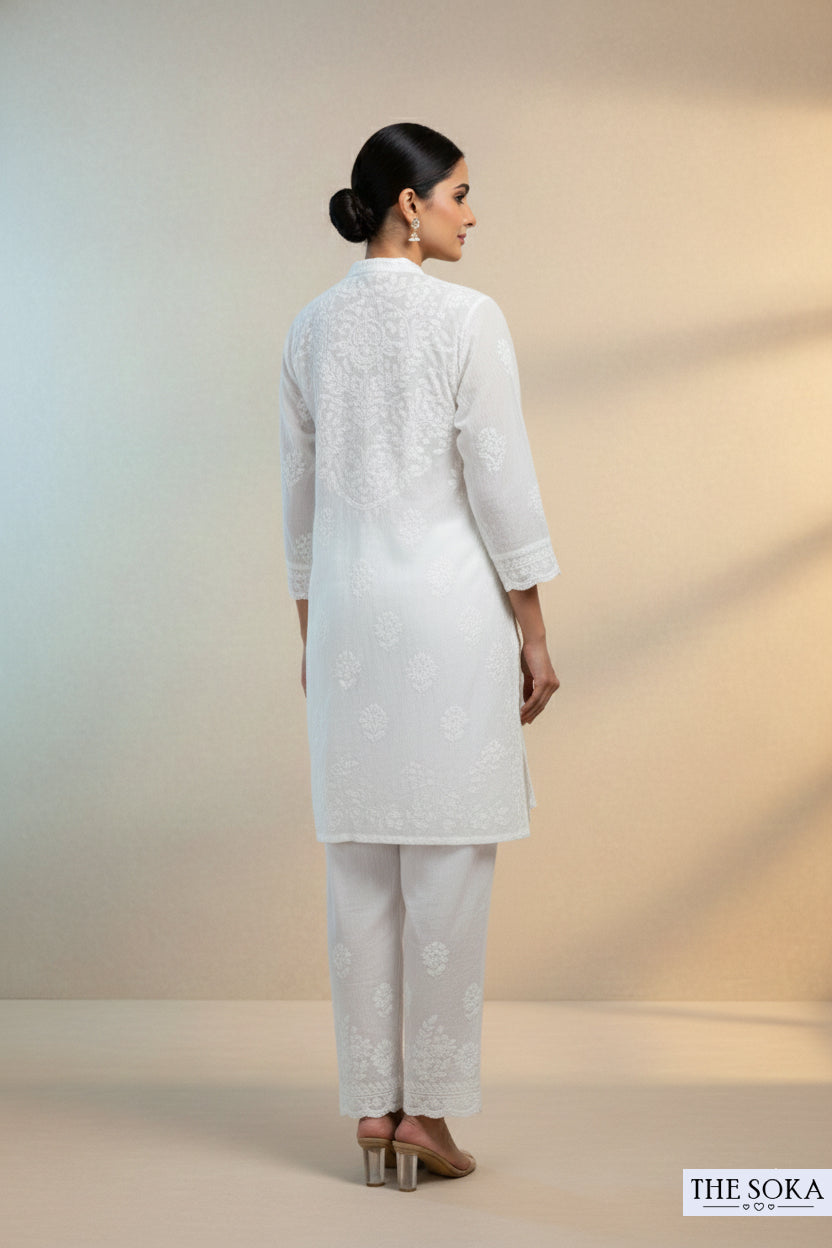 White Pure Chikankari Premium Muslin Co-Ord Embroidered Handwork