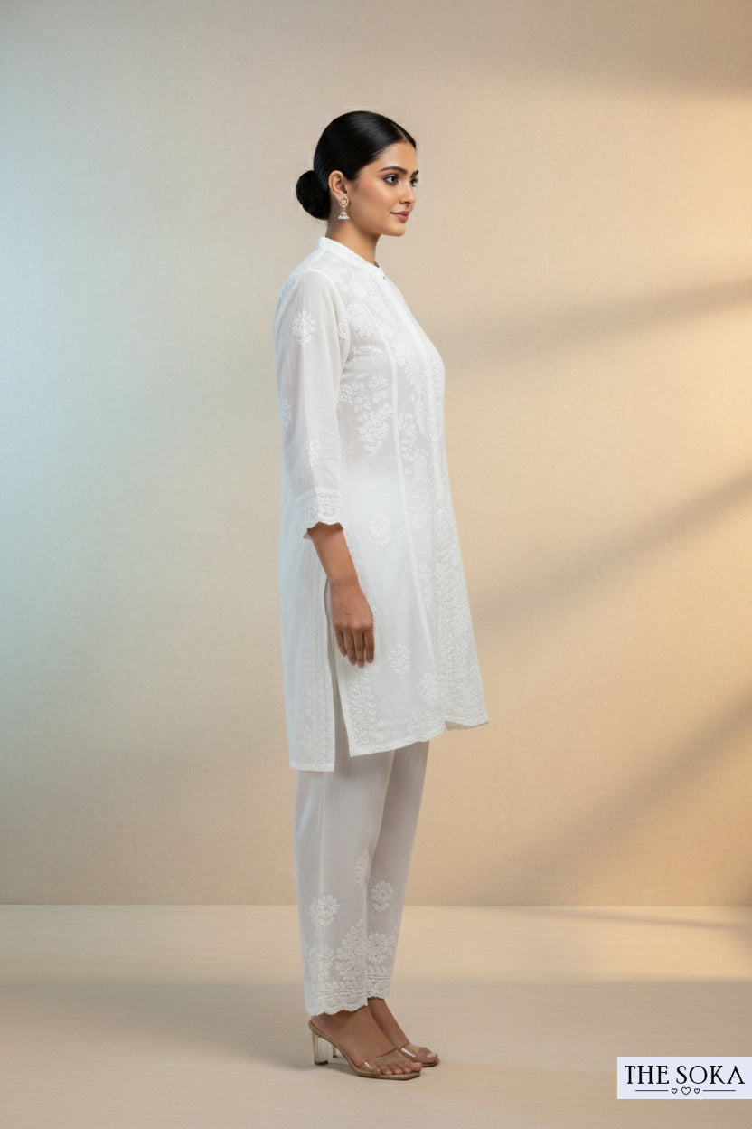 White Pure Chikankari Premium Muslin Co-Ord Embroidered Handwork