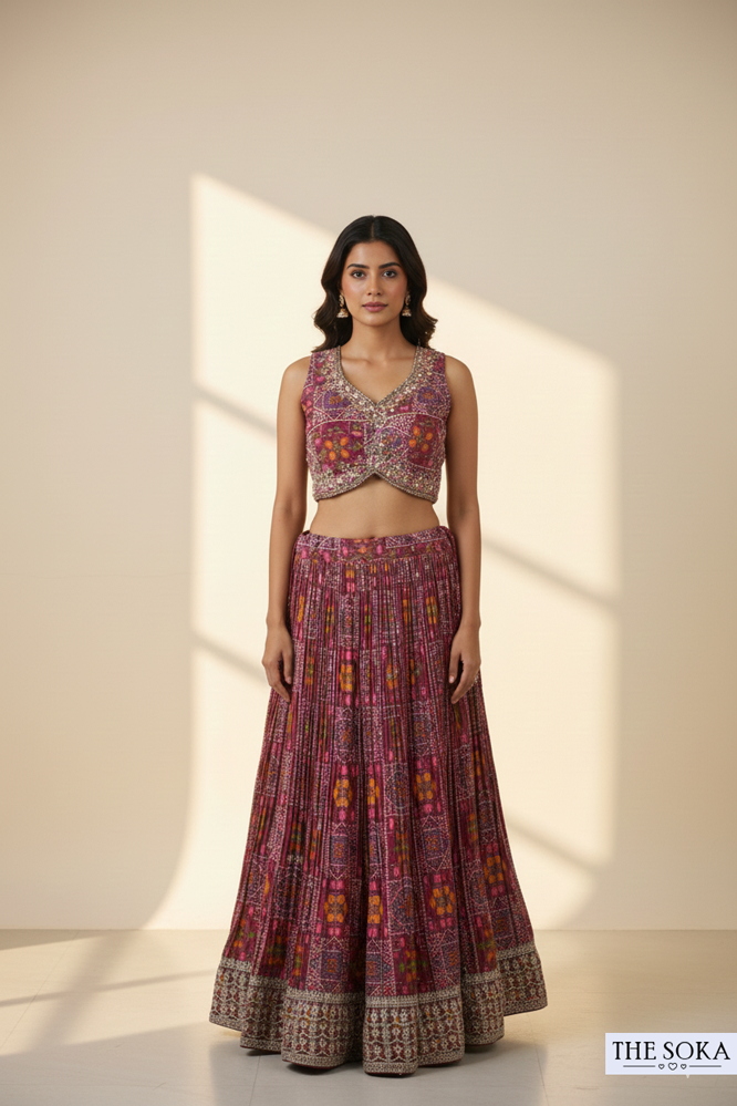 Wine Magenta Printed Floral Lehenga Choli with Net Dupatta