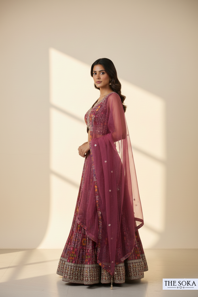 Wine Magenta Printed Floral Lehenga Choli with Net Dupatta
