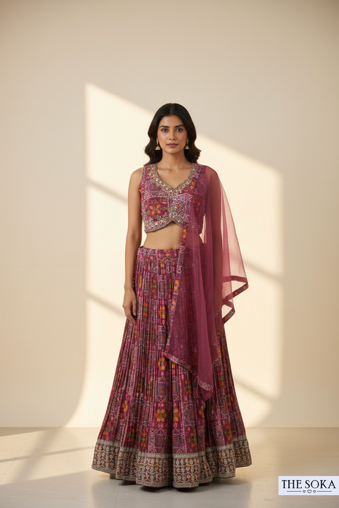 Wine Magenta Printed Floral Lehenga Choli with Net Dupatta