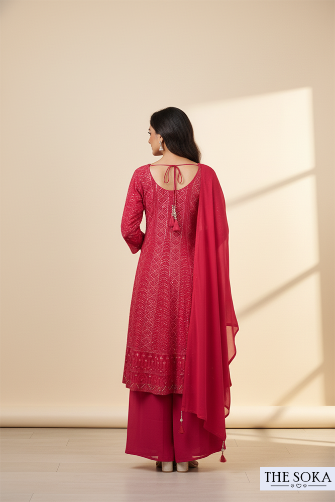 Wine Red Printed Anarkali Kurta with Palazzo and Dupatta