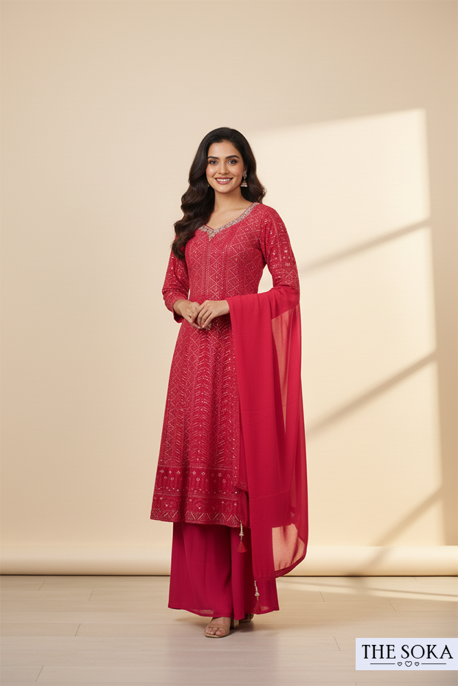 Wine Red Printed Anarkali Kurta with Palazzo and Dupatta