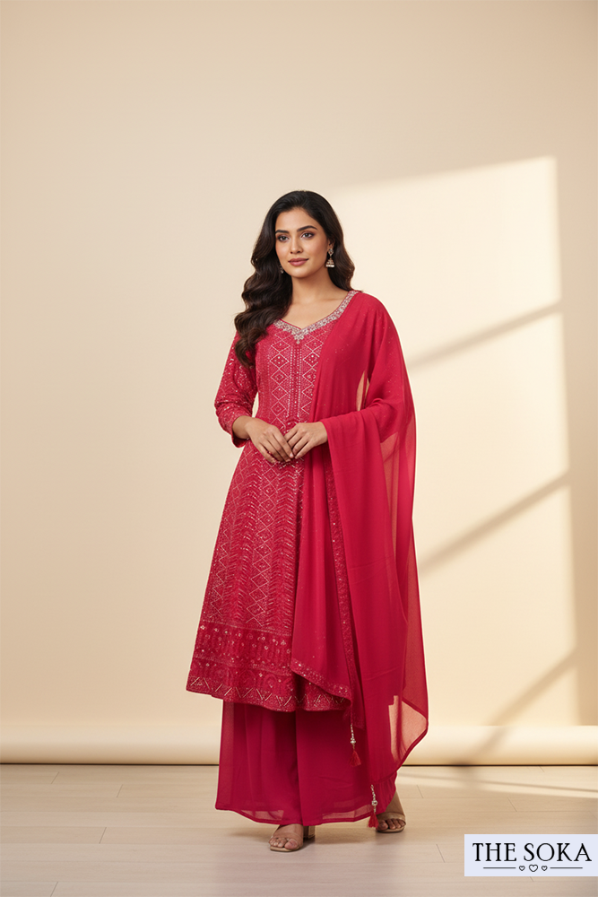 Wine Red Printed Anarkali Kurta with Palazzo and Dupatta