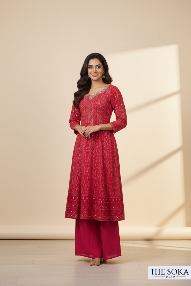 Wine Red Printed Anarkali Kurta with Palazzo and Dupatta