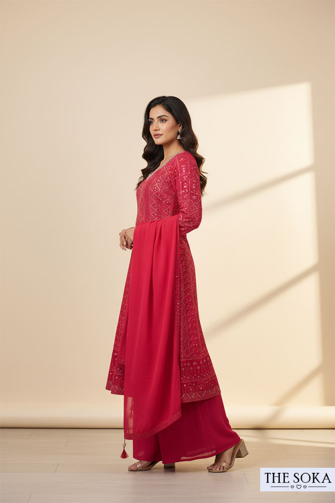 Wine Red Printed Anarkali Kurta with Palazzo and Dupatta