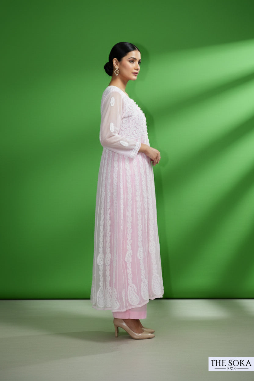 Woman wearing a pink and white embroidered Lucknowi Chikankari Georgette Ready-to-Wear Anarkali Top