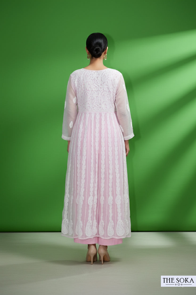 Woman wearing a pink and white embroidered Lucknowi Chikankari Georgette Ready-to-Wear Anarkali Top