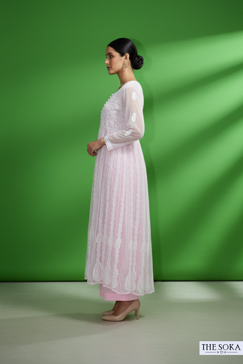 Woman wearing a pink and white embroidered Lucknowi Chikankari Georgette Ready-to-Wear Anarkali Top
