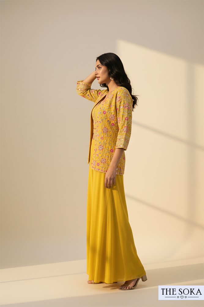 Yellow Crop Top and Sharara Set with Embroidered Jacket