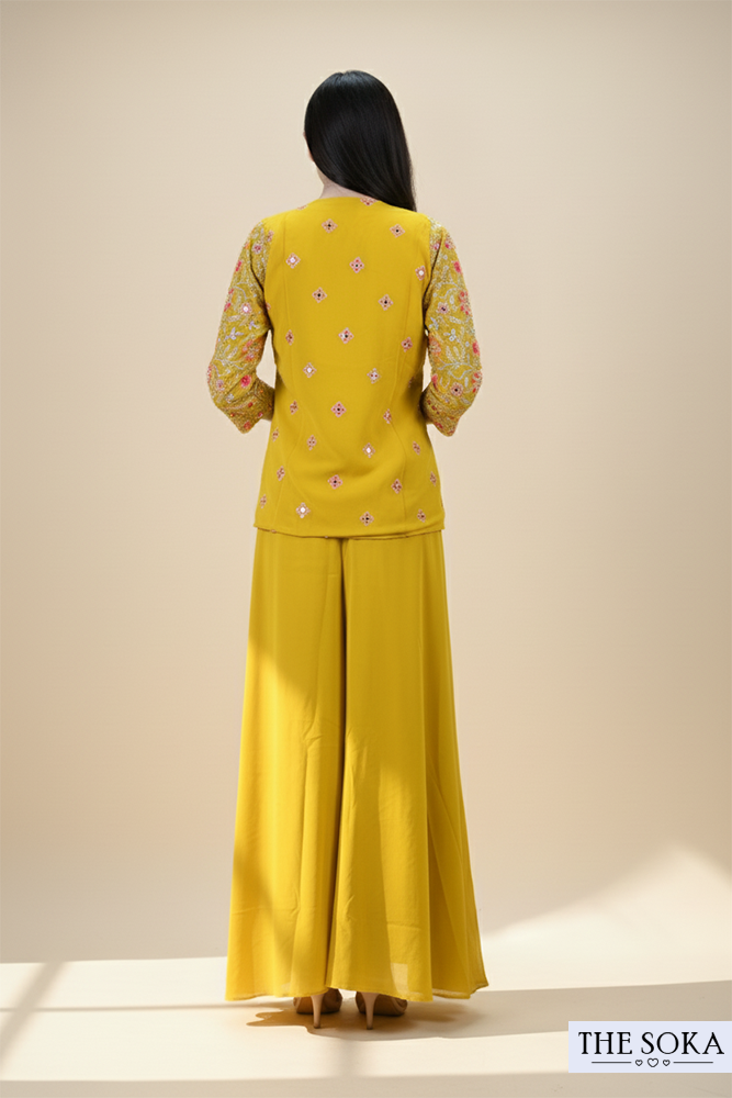 Yellow Crop Top and Sharara Set with Embroidered Jacket
