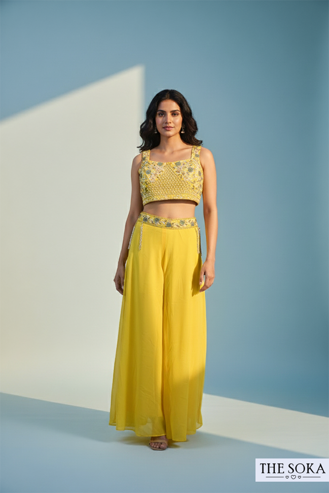 Yellow Embroidered Crop Top with Palazzo and Short Jacket Set