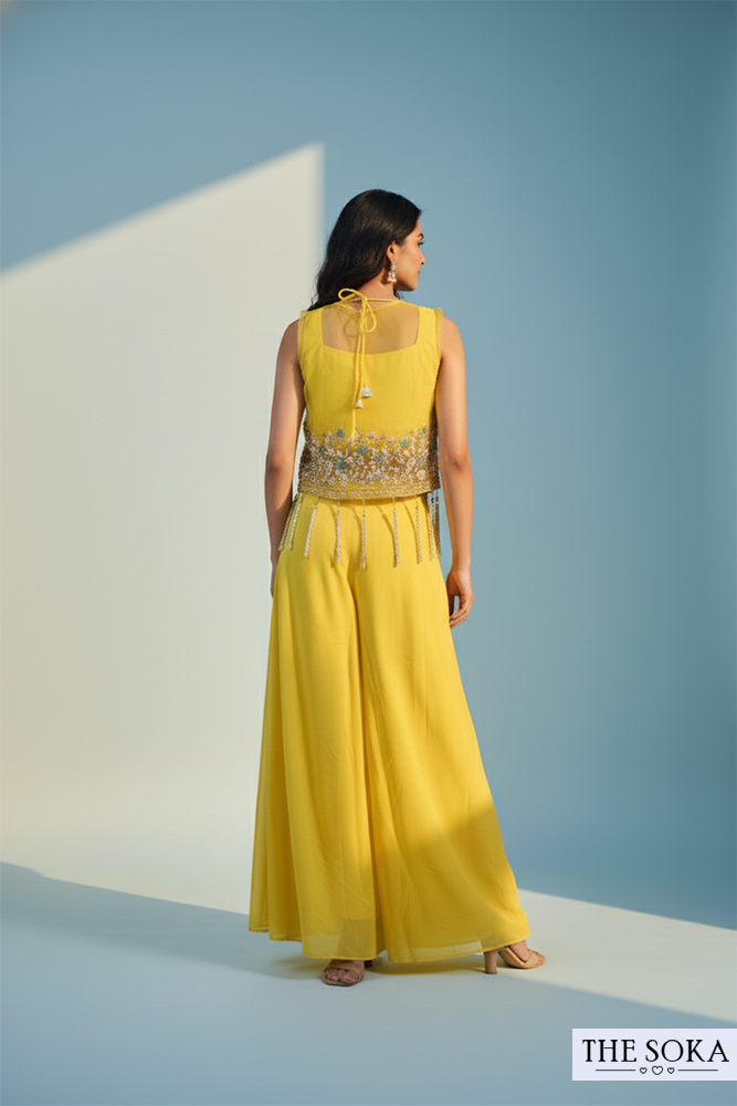 Yellow Embroidered Crop Top with Palazzo and Short Jacket Set