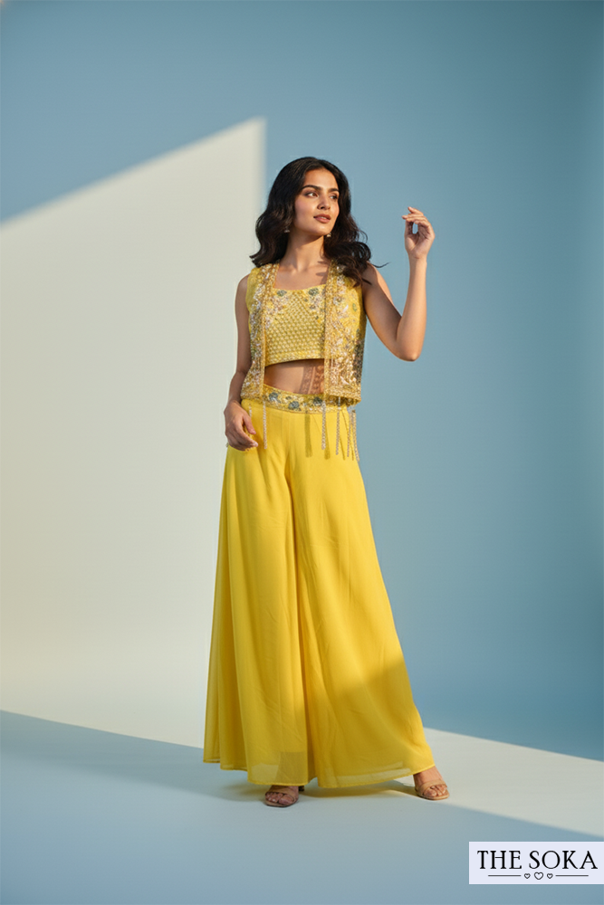 Yellow Embroidered Crop Top with Palazzo and Short Jacket Set