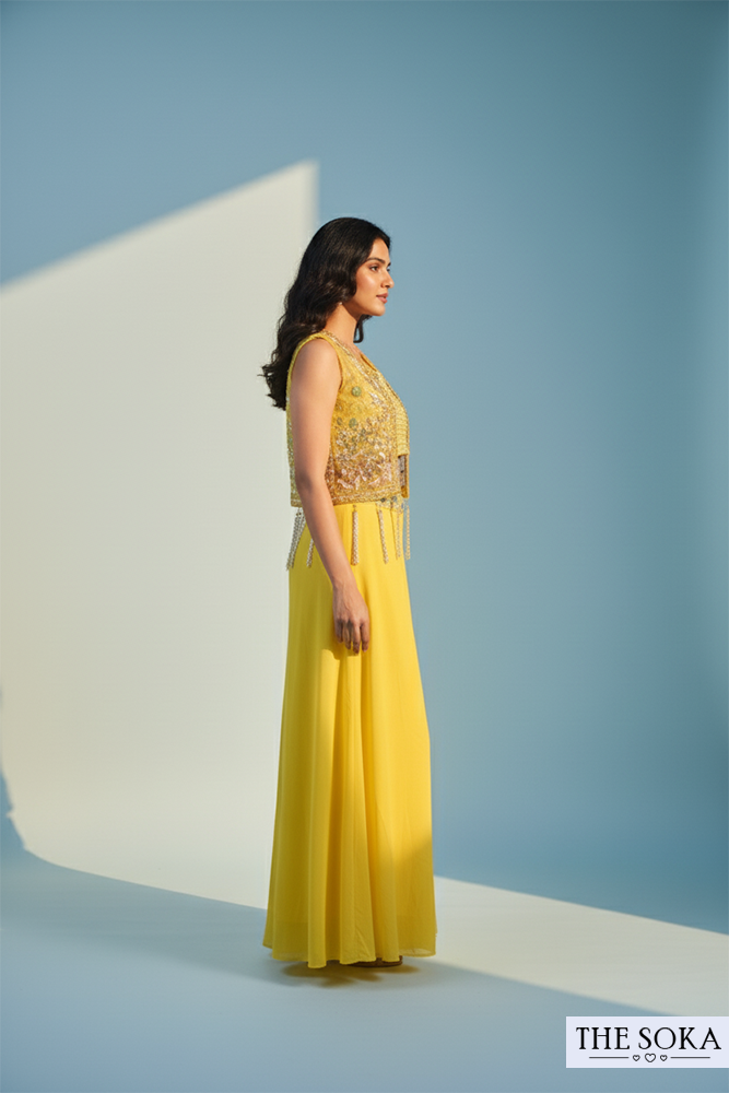 Yellow Embroidered Crop Top with Palazzo and Short Jacket Set