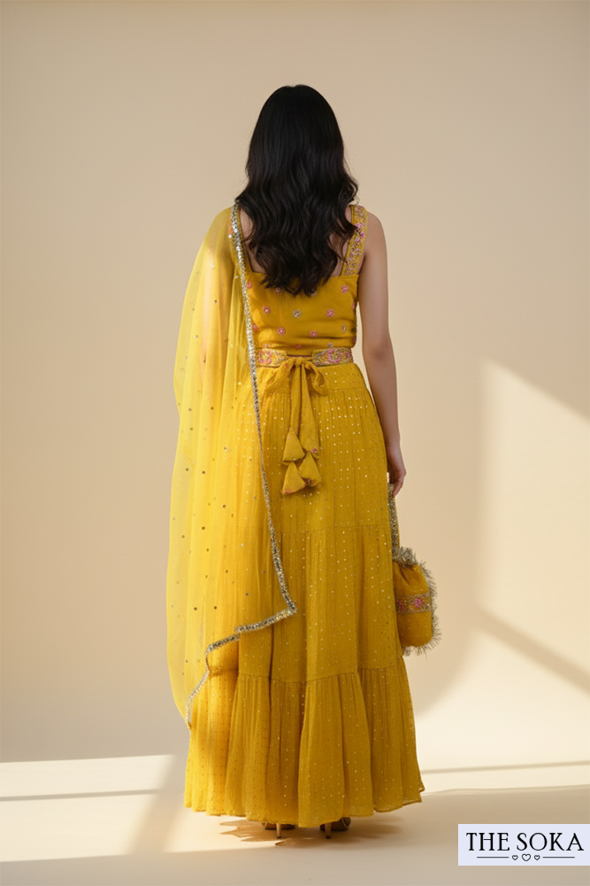 Yellow Embroidered Lehenga Choli with Dupatta and Potli Bag