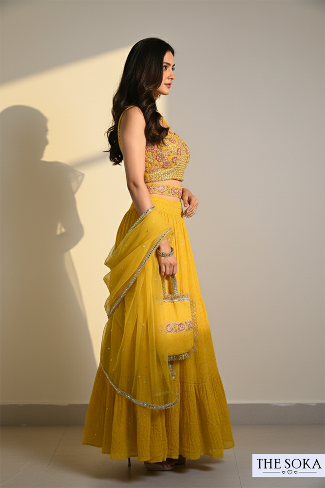 Yellow Embroidered Lehenga Choli with Dupatta and Potli Bag