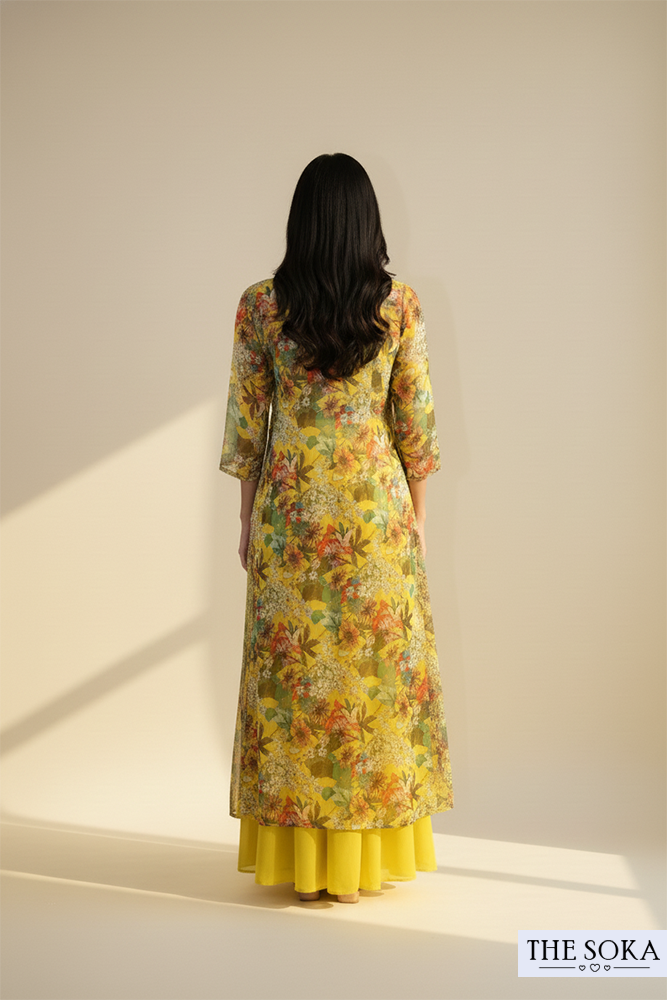 Yellow Floral Print Crop Top and Palazzo Set with Long Shrug