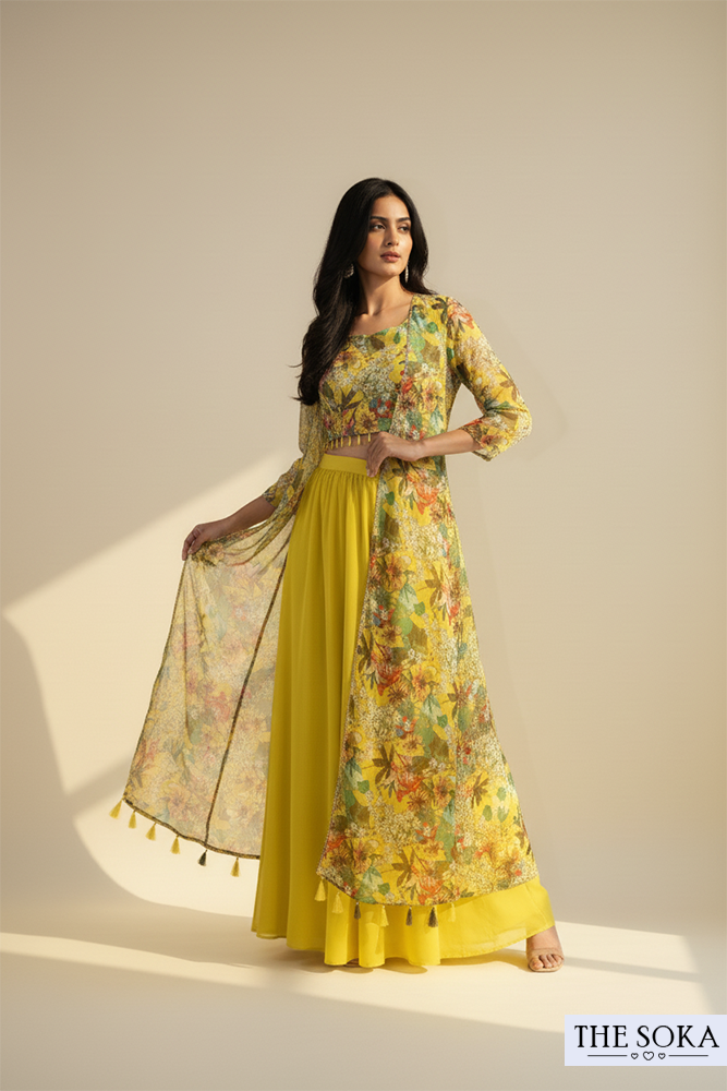Yellow Floral Print Crop Top and Palazzo Set with Long Shrug