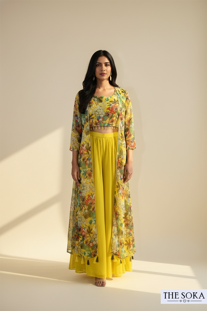 Yellow Floral Print Crop Top and Palazzo Set with Long Shrug