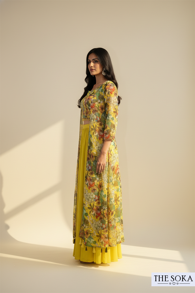 Yellow Floral Print Crop Top and Palazzo Set with Long Shrug