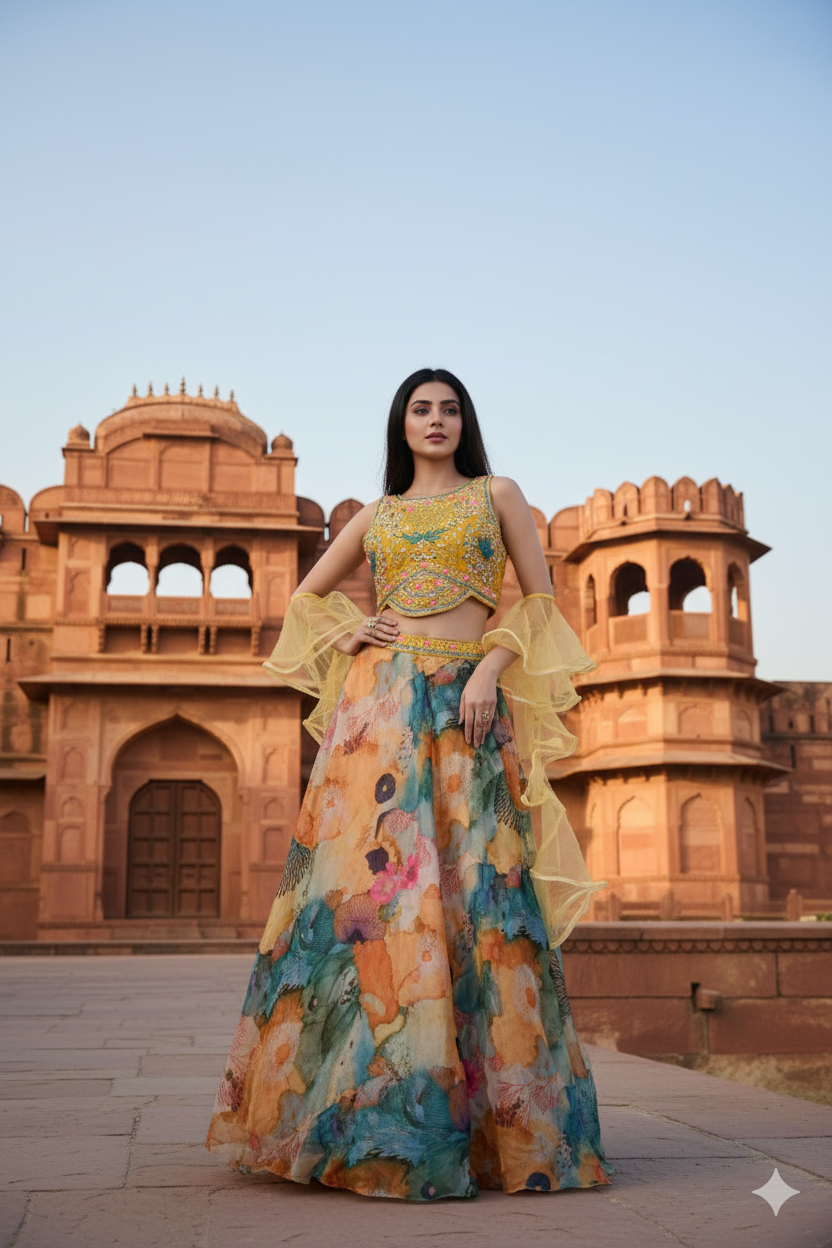 Woman in a colorful traditional outfit standing in front of a historic building.