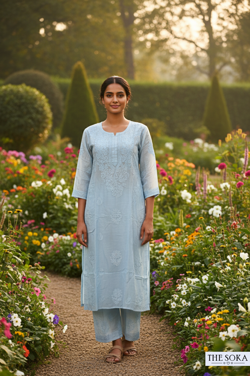 Woman in a light blue kurta standing in a garden with colorful flowers.