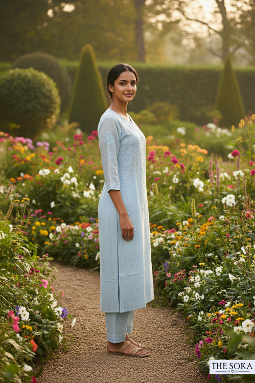 Woman standing in a garden with colorful flowers and greenery