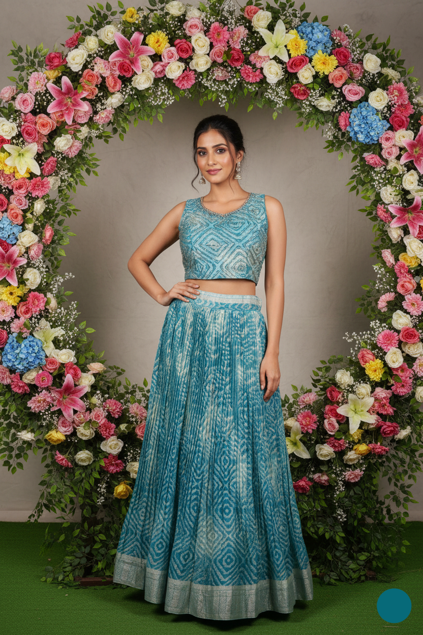 Woman in a blue traditional outfit standing in front of a floral arch