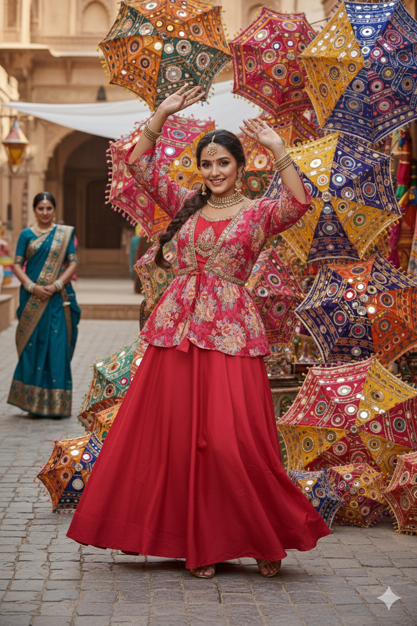 Woman in traditional red and pink outfit with colorful umbrellas in the background