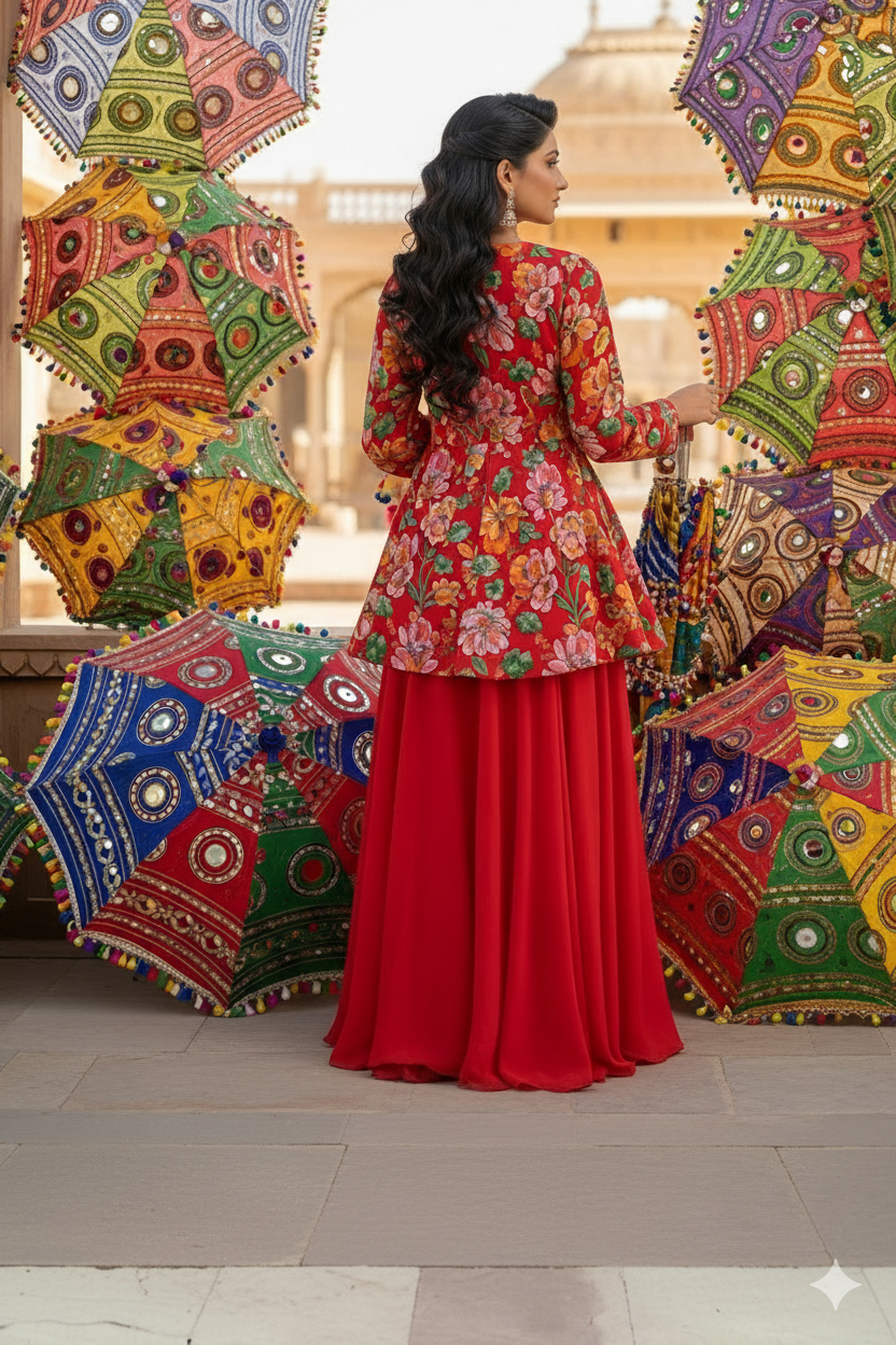 Woman in a red traditional outfit standing among colorful umbrellas.