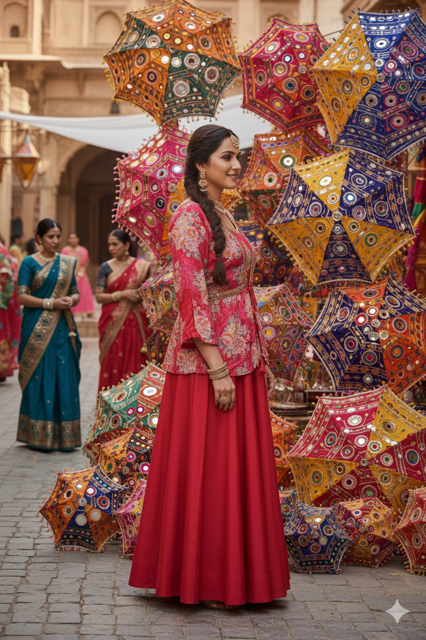 Woman in a red and pink traditional outfit standing among colorful umbrellas in an outdoor setting.