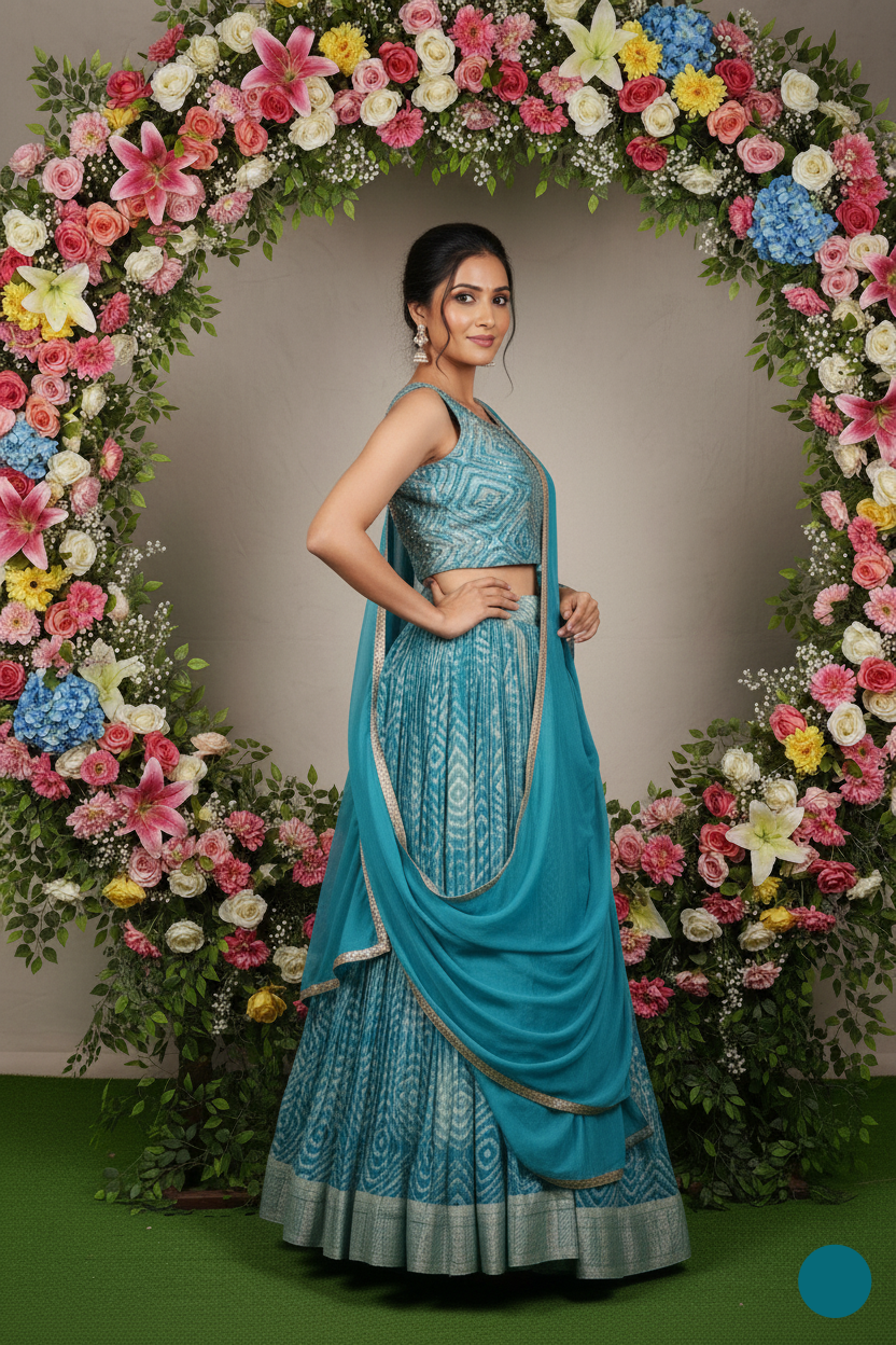 Woman in a blue saree standing in front of a floral arch